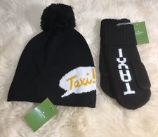 NWT Kate Spade New York Taxi Hat Beanie Gloves Mittens Set Black 106