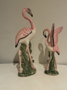 Matching Pair of Vintage MCM Ceramic Pink Flamingo Figurines By TD Ceramics
