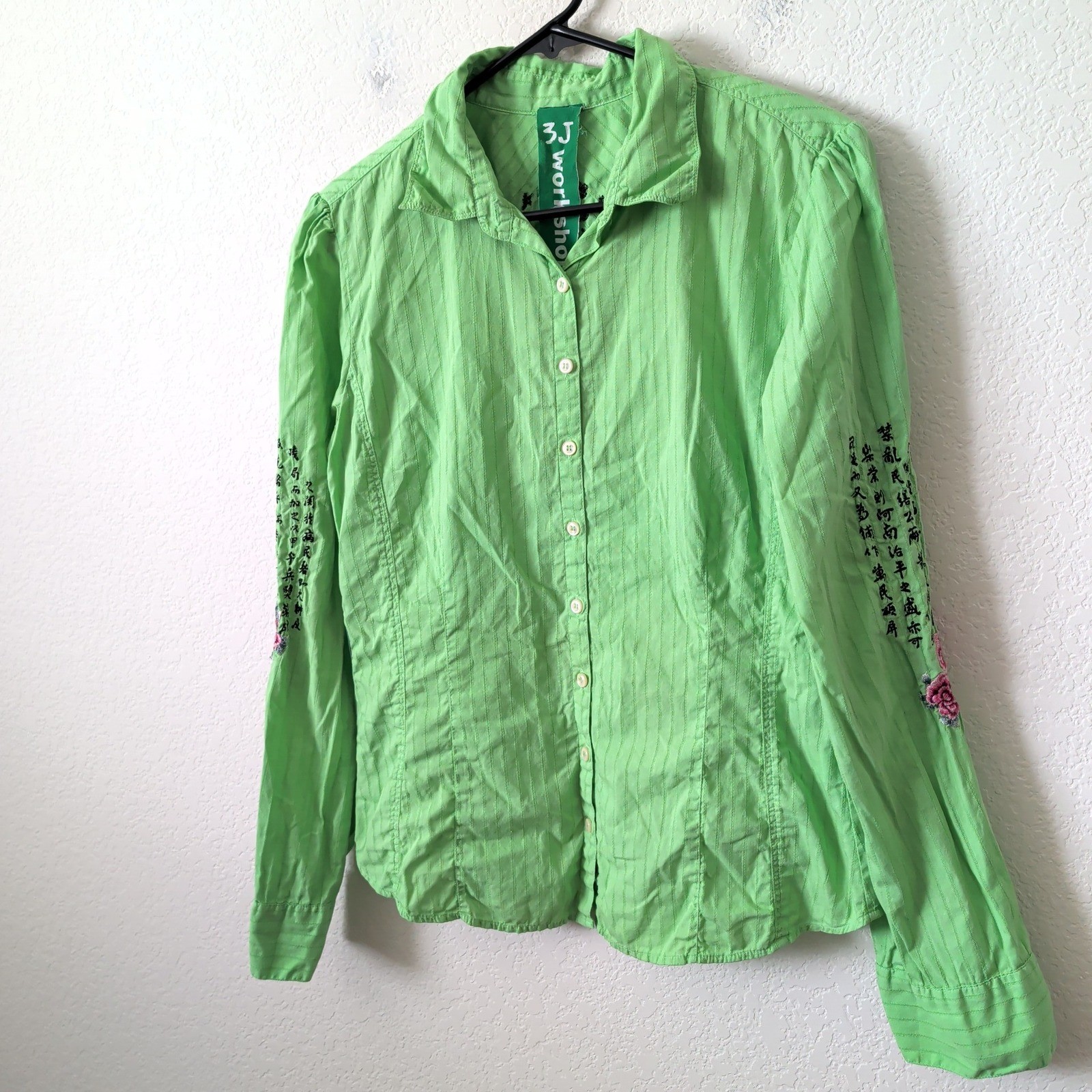 Vintage 3J Workshop Johnny Was Green Asian Embroidered Top Cotton Shirt M RARE image 8