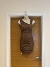 Cider Ladies Nude Beige Ruched Gathered Bodycon Mini Dress Size Small 4 6 32in