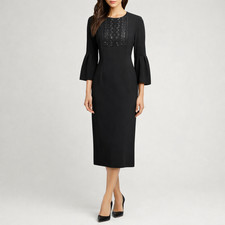 Sachin & Babi Black Cocktail Dress Midi Embellished Bell Sleeve Sheath Size 2-4