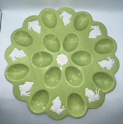 Easter Bunny Deviled Egg Platter Lime Green Ceramic GDC Grandma Core Tray - READ