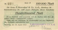 Hamburg P. Beiersdorf 100 Tausend Mark 1923 fast Kfr. Serie B KN 44 !!!