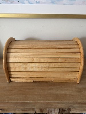 Vintage Natural Wood Roll Top Bread Box Countertop Storage Cottagecore