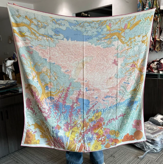 70% Cashmere 30% Silk Scarf 52'' Blue rainforest Print Neckerchief Shawl Wrap