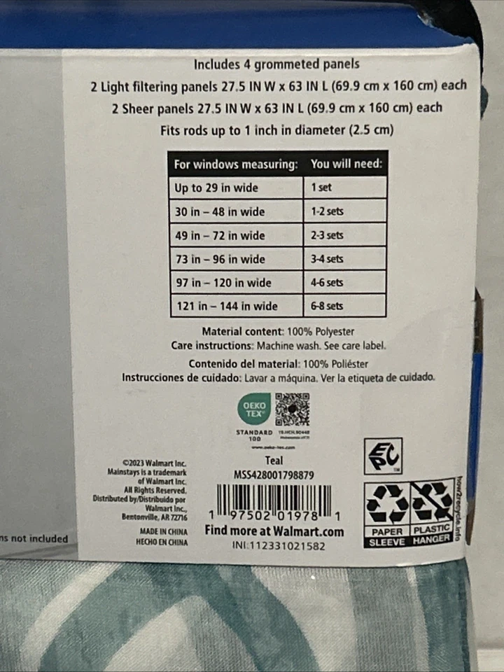 Mainstays 63" Window Curtain Set (4 Pieces) 27.5" x 63" Teal NEW - Image 4 of 4