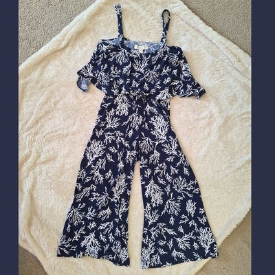 Michael Kors Petite Small Navy Coral Print Wide Leg Jumpsuit Cold Shoulder