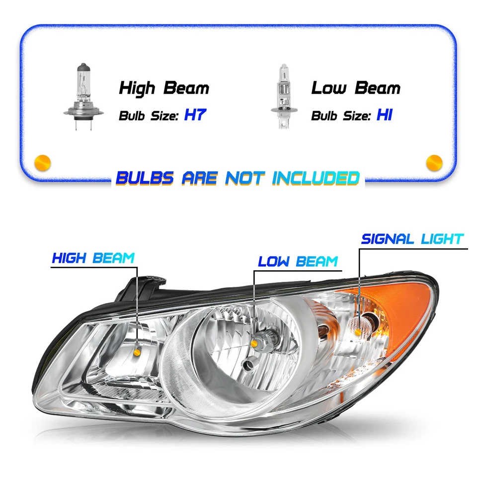 For 2007-2010 Hyundai Elantra Halogen Chrome Amber Headlights Set Assembly Pairs - Image 3 of 4