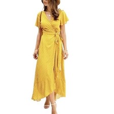 Yacun Wrap Dress Polka Dot Ruffle Hem XL Yellow
