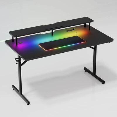 RGB LED Carbon Fiber Gaming Desk Home Office Monitor Stand USB Power Outlets Pad