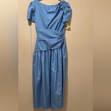 Vintage Blue Satin Rosette Puff Sleeve Prom Formal Evening Gown Dress 80s Style