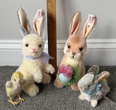 Lot 4 Steiff 2 Mohair Bunny Rabbits 11 , 1 Plush Rabbit & 1 Dralon Chick So Cute