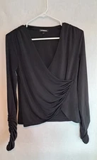 Express Top Womens size XS Faux Wrap Blouse Black V Neck Long Sleeve Stretch