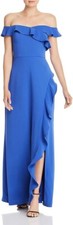  368 BCBGMaxazria Women Blue Off The Shoulder Slit Ruffled Maxi Dress Gown Sz 8