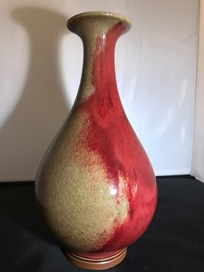 VTG Chinese 20th Century Flambe Red Glaze Mottled W Green Vase 12 Inch Tall