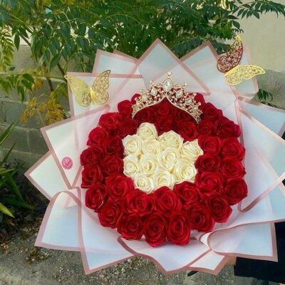 Eternal Rose Bouquet 48 Ct Roses Ivory & Red Handmade By Me