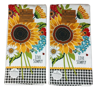 Set of 2 LIVE SIMPLY Sunflower Charm Terry Kitchen Towels by Kay Dee Designs