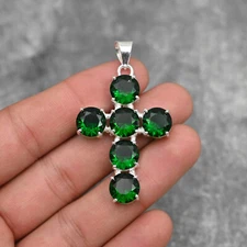 Chrome Diopside Gemstone Cross Pendant 925 Sterling Silver Handmade Jewelry Gift