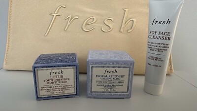 Fresh 4 Piece Bundle Set MOISTURIZER CALMING Mask Face Cleanser with Pouch L14