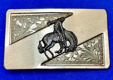 Vintage Rectangular End Of The Trail Cowboy On Horse Engraved Flower Belt Buckle