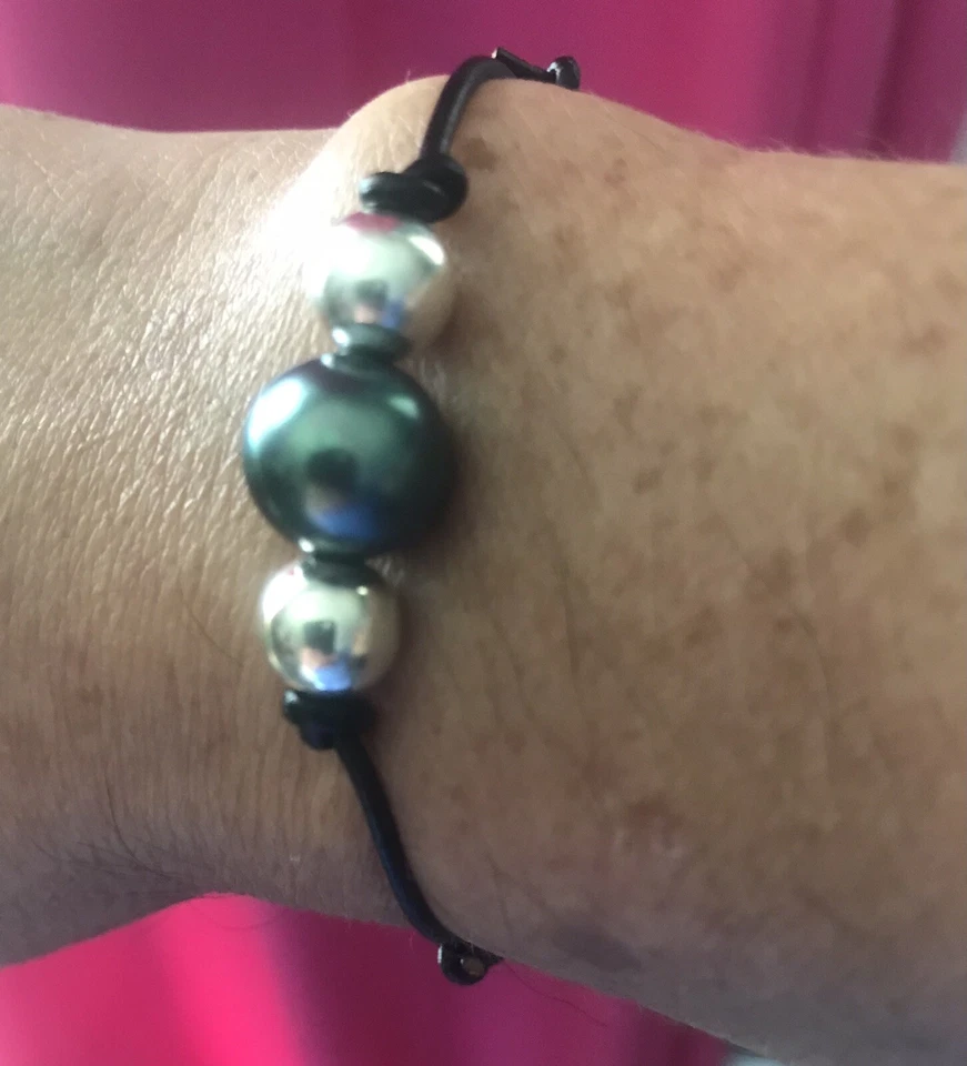 大溪地 10-11 毫米珍珠和 8 毫米纯银手链皮绳可调节手工制作 — 第 4/4 张图片