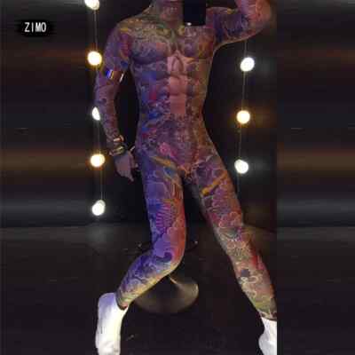 Skull Tattoo Muscle Man Women Bodysuit Jumpsuit Stage Dance Costume Wear