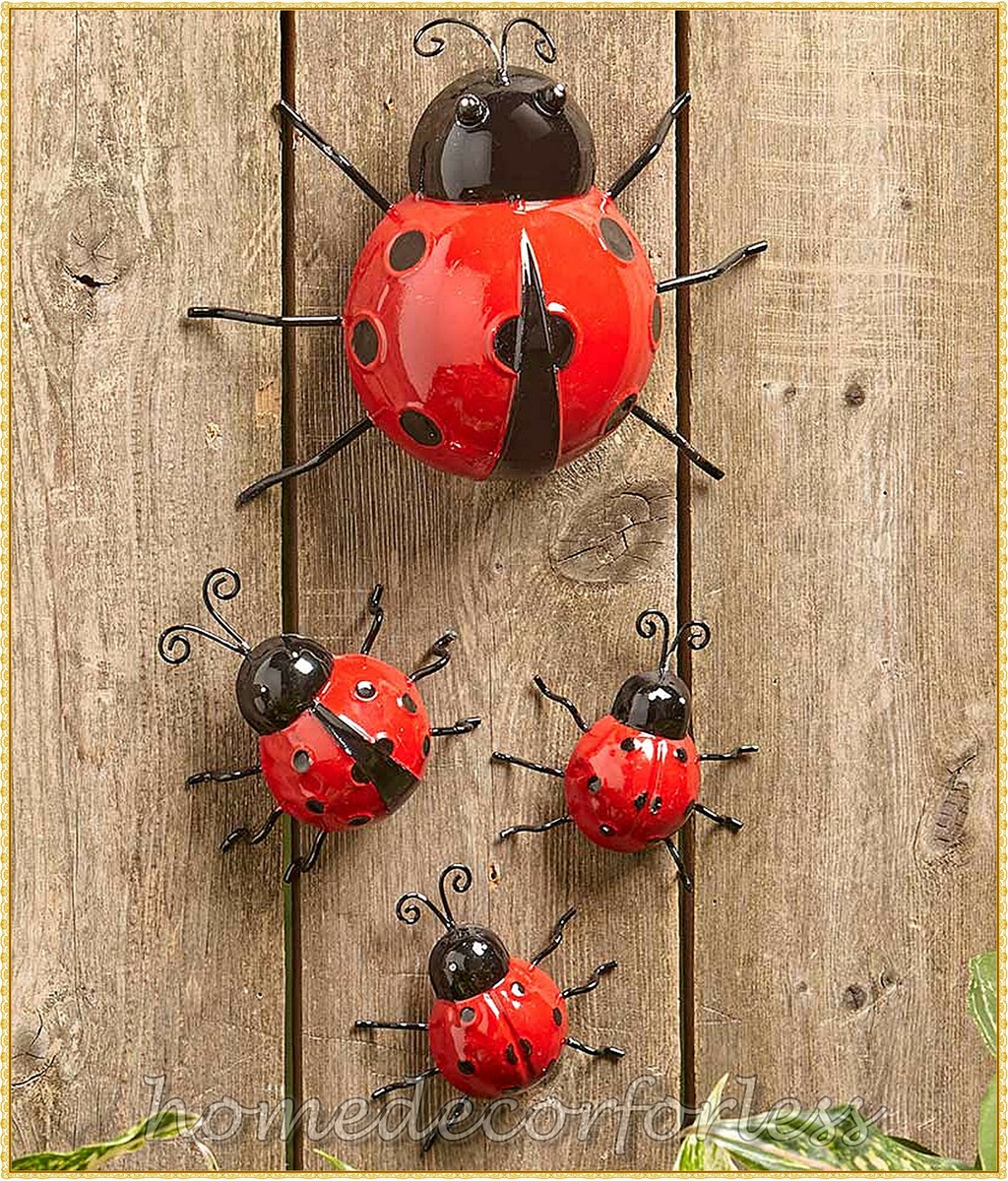 Set of 4 Metal LADYBUG Insects Porch Patio Fence Wall Garden
