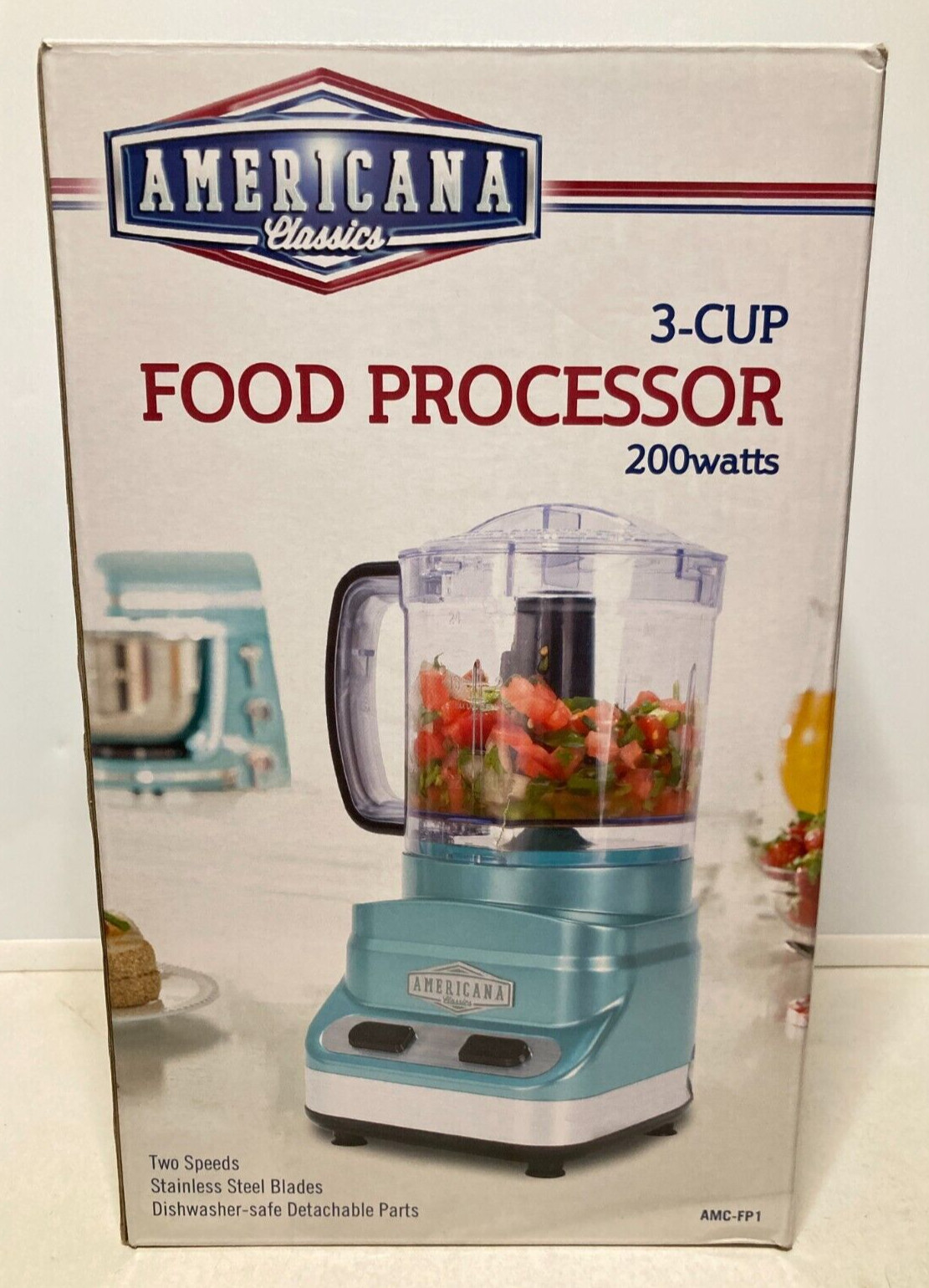 Americana Classics 3 Cup Food Processor 2-Speed SS Blades No Skid Seafoam Blue