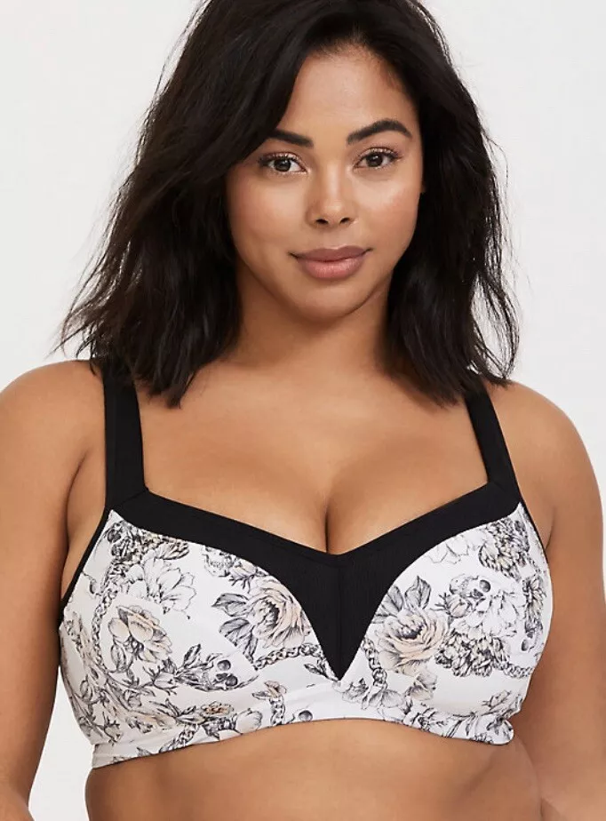 Torrid White Skull Floral & Black Lightly Lined Underwire Sports