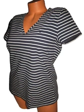 Nautica Shirt Women Large Blue White Striped V Neck Shirt  40'' BUST