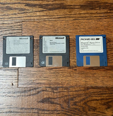 Vintage Microsoft MS-DOS 6.22 Disks 1 & 2 + Packard Bell Mouse Driver 3.5 Floppy