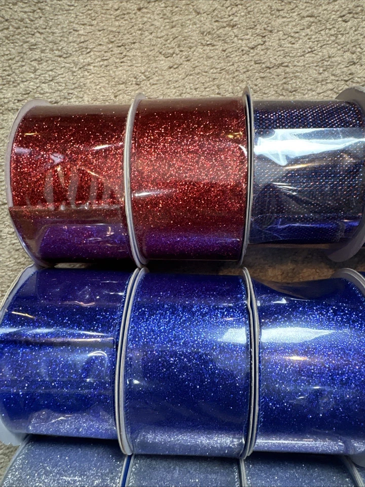 Red, Blue, Silver Glittered Ribbon LOT OF 18,  2 1/2” X 10 Feet  - Image 3 of 4