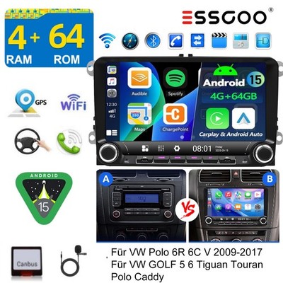 DAB+ Autoradio 4+64G Android Carplay GPS für VW GOLF 5 6 Plus Polo Passat Touran