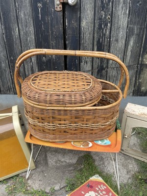 Vintage Bambus Rohr Weide Picknickkorb Korb Flaschenhalter Deckelgriff  