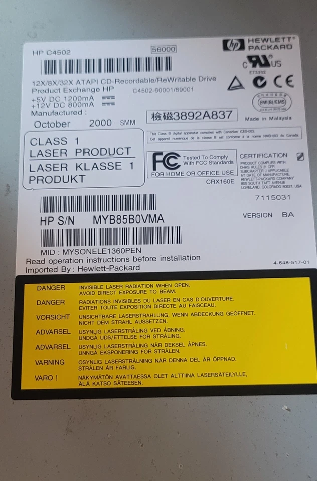 Unidad de CD-RW interna IDE HP 9500 serie multi lectura sin probar como está pieza Foto 3 de 4