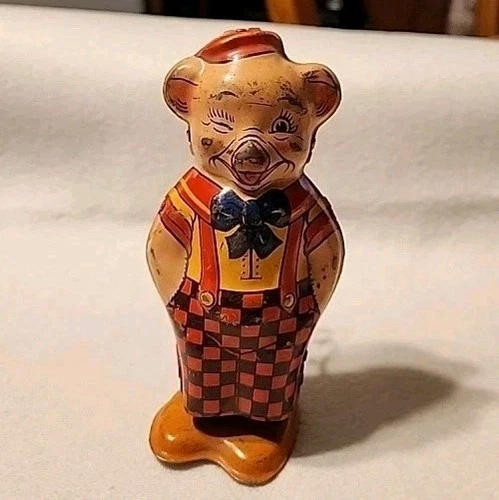 4" Vintage Tin Wind-Up Walking Winking Pig Toy J Chein Made in the USA 1950s