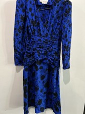 VTG Flora Kung 100 Silk Puff Sleeve Midi Dress Floral Blue  Black Size 4