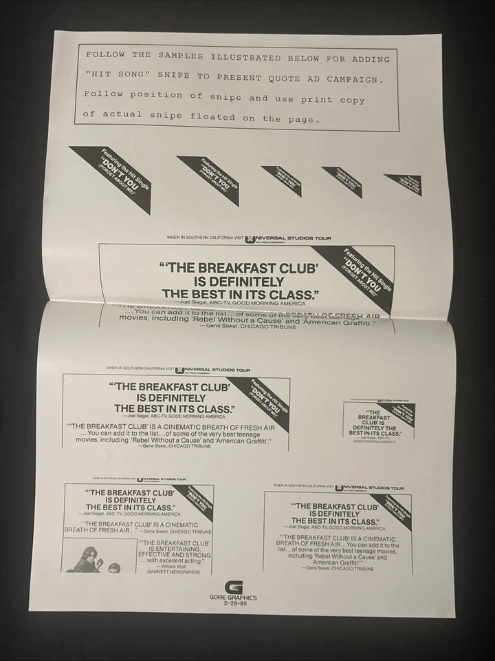 The Breakfast Club 原装 1985 年未切割广告切片(13 页)全露营 - 罕见 — 第 2/4 张图片
