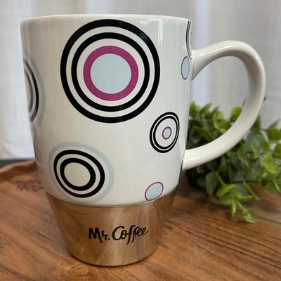 Mr. Coffee Mug Cup White Retro Circles Ceramic Stainless Steel 5 inch