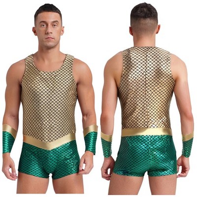 Sexy Mens Jumpsuit Dress-Up Bodysuit Poseidon Lingerie Fish Scales Print Cosplay
