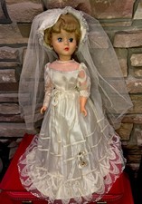 Vintage Bride Doll 24" With Beautiful Wedding Dress Earrings Blinking Eyes