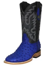 Mens Western Cowboy Boots Blue Ostrich Quill Print Leather Square Botas Hombre
