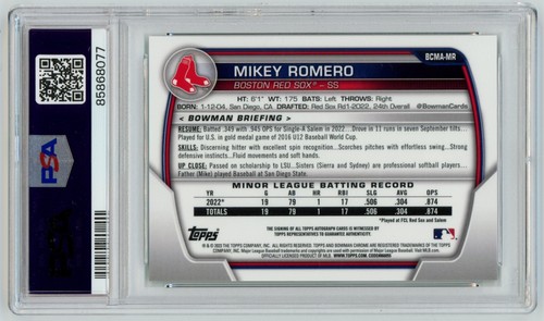 Mikey Romero 2023 Bowman Cromo Automático Verde Mega Caja Mojo #/99 PSA 10 GEMA Medias Rojas - Imagen 2 de 2