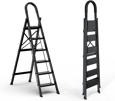 GameGem Lightweight Aluminum 6 Step Ladder Folding Stool 6 Step, Black 