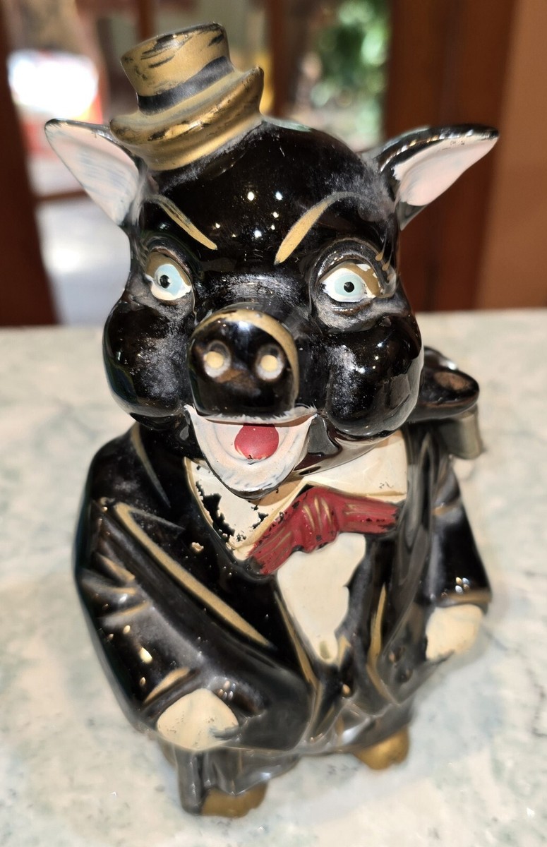 Sonsco Japan Black Piggy Coin Bank Pinstripe Suit & Top Hat Rare