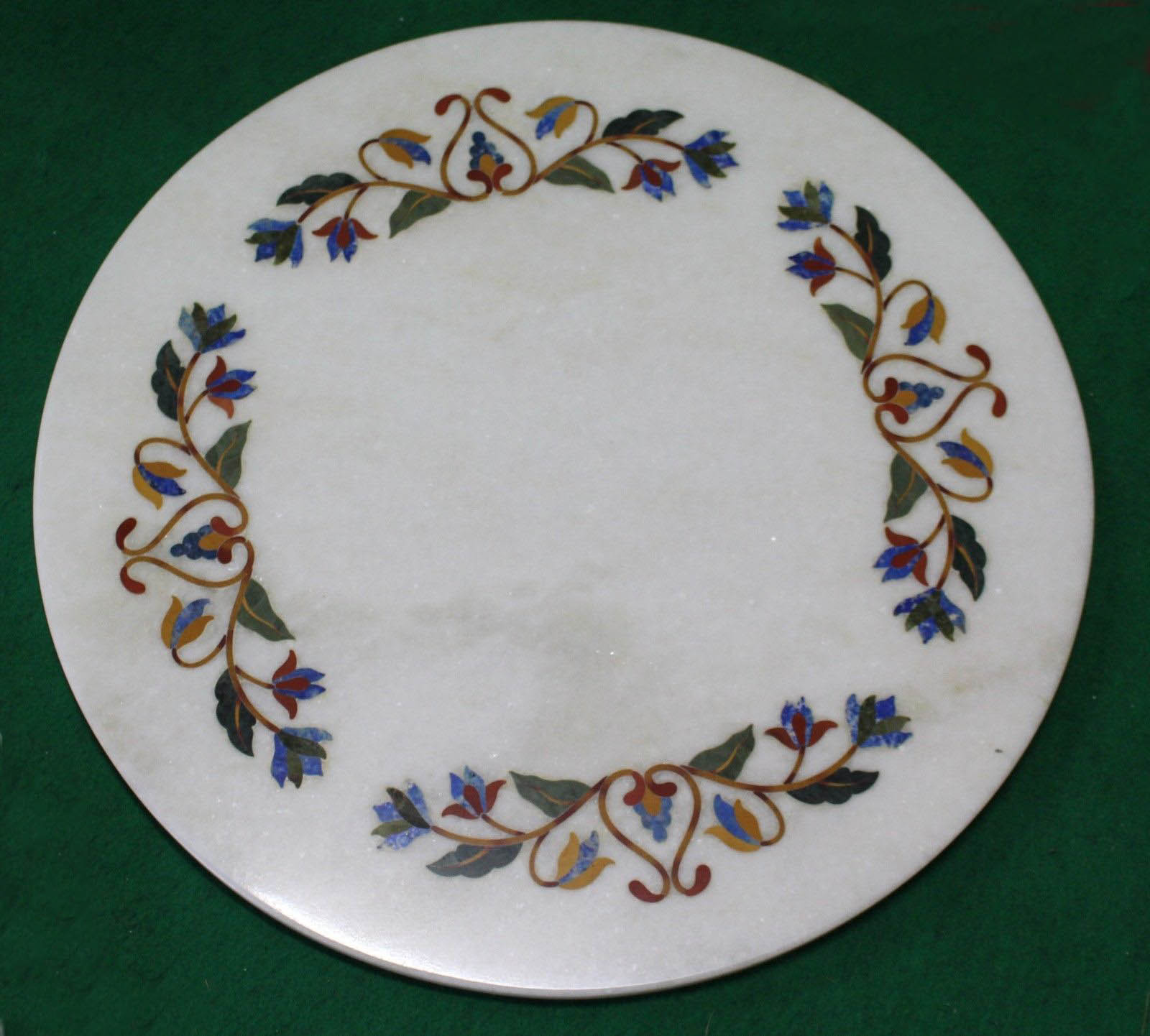 18-inch White Marble Table Top with Semi-Precious Stone Floral Inlay for Home Decor