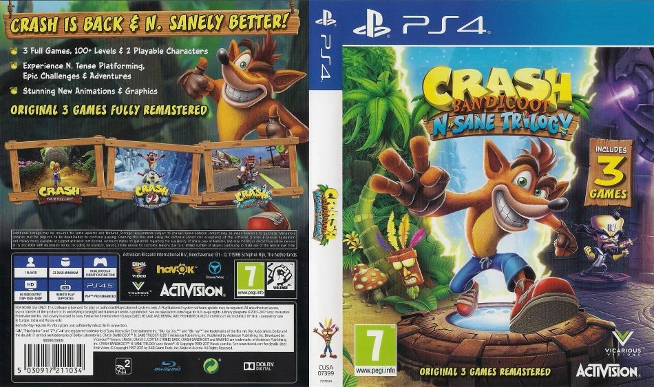 - Caja de repuesto Crash Bandicoot N Sane PS4 estuche artístico cubierta de inserción solamente