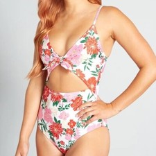 Modcloth The Siena One Piece Swimsuit 1X NEW White Pink Red Floral Retro Bow