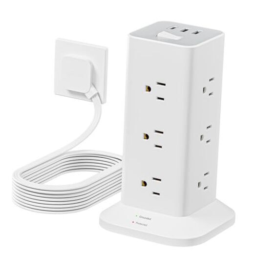 Surge Protector Power Strip Tower,  15 ft Flat Extension Cord Surge 15 FT White-image