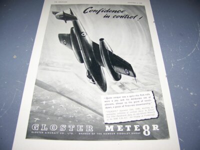 1949 GLOSTER METEOR 8 ''CONFIDENCE IN CONTROL''..1-PAGE SALES AD..(243Y)